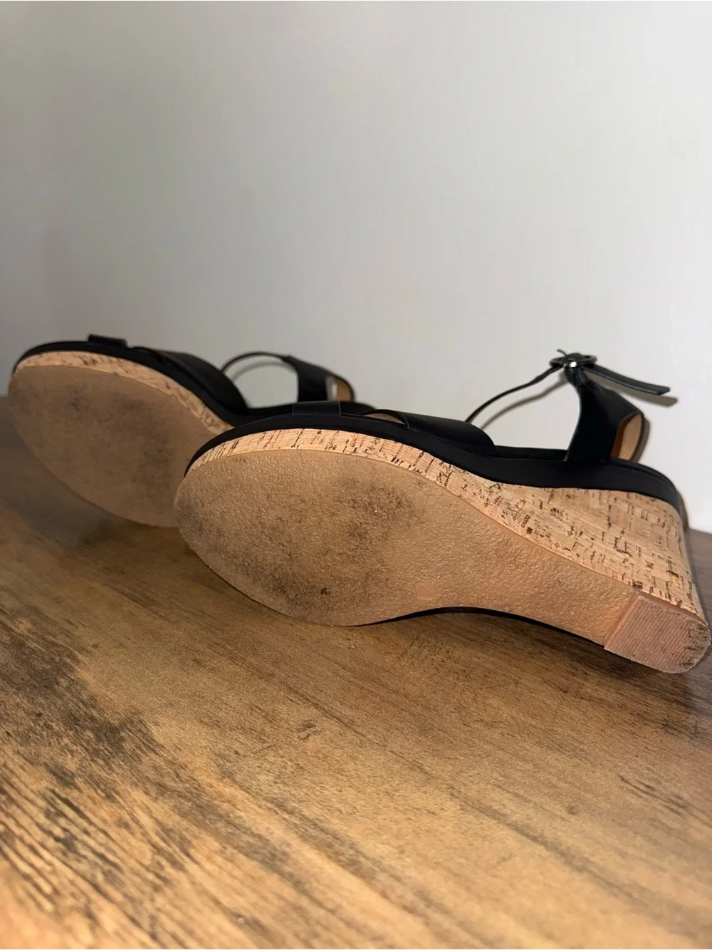 Xappeal Black Cork Wedge Sandals with Ankle Buckle